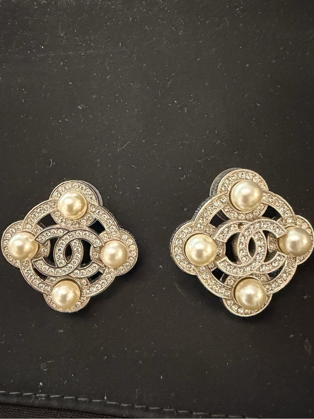 CHANEL Silver-Tone Crystal & Ivory Pearl Interlocking Logo Earrings